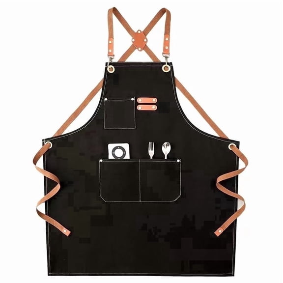 YeewayVeh Canvas Cross Back Aprons for Men Women with with Loop & 3 Pockets Chef Apron for Kitchen, BBQ, and Crafting (Black)