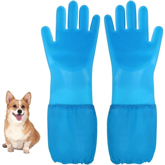 YeewayVeh Pet Bathing Gloves with Long Sleeve, Silicone Dog Washing & Grooming Gloves with Density Soft Brushes for Dogs & Cats (Blue）
