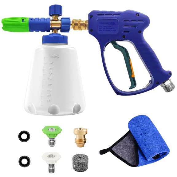 YeewayVeh Pressure Washer Gun and Foam Cannon Kit, 5000PSI Short Power Washer Gun with M22-14 Connector, 1/4 Inch Quick Foam Cannon Soap Sprayer with 2 Nozzles for Car Wash, Blue