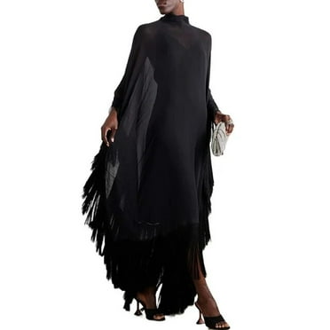 Yeezzi 2024 New Spring Fashion See-Through Tassel Party Dresses Women Batwing Sleeves Solid Color High-Neck Two Piece Set Dress