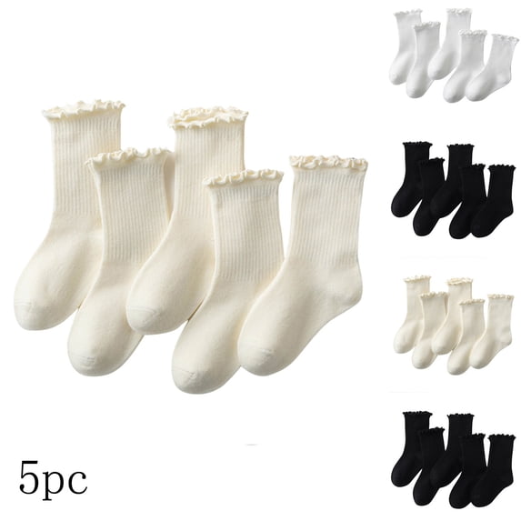 Yeglea Girls Ruffle Trim Crew Socks 5 Pairs, Kids Solid Color Mid Calf Socks, Cute Frilly Edge Casual Socks for Children, All Season Cotton Socks 1-12 Years Beige,L