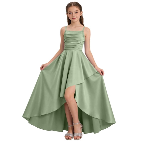 Yeglea Girls Spaghetti Strap Satin Formal Dress, Ruched Bodice High‑Low Asymmetrical Hem With Front Slit, Elegant A‑Line Gown for Wedding Pageant Graduation Green,5-6 Years