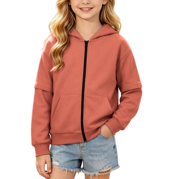 Yeglea Girls Sweatshir Zipper Long Sleeve Fleece Hoodies Solid Hooded Sweatshirts Fashion Fall Pullover Sweaters With Pockets Orange,160