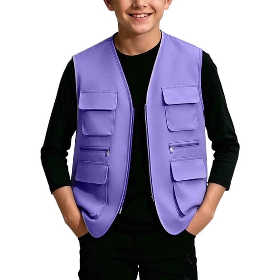 Yeglea Kids Boys Girls 5-13 Years Cargo Vest Full Zip V-Neck Multi-Pocket Hiking Outdoor Sleeveless Outerwear Vests for Camping Fall Winter Purple,5-6 Years