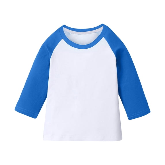 Yeglea Kids Raglan 3/4 Sleeve Baseball T-Shirt Crew Neck Color Block, Soft Stretchy Casual Tee for Boys and Girls 3-14 Years, Sporty Contrast Sleeve Top Blue,140