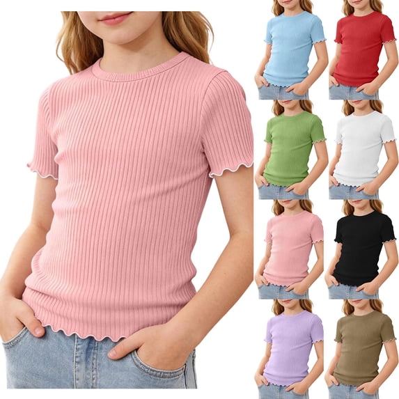 Yeglea Kids Scallop Ruffle Trim Ribbed Short Sleeve Top, Summer Solid Color Crew Neck Stretchy Fitted Casual Sweet T-Shirt Black,5-6 Years