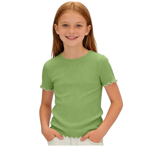 Yeglea Kids Scallop Ruffle Trim Ribbed Short Sleeve Top, Summer Solid Color Crew Neck Stretchy Fitted Casual Sweet T-Shirt Green,9-10 Years