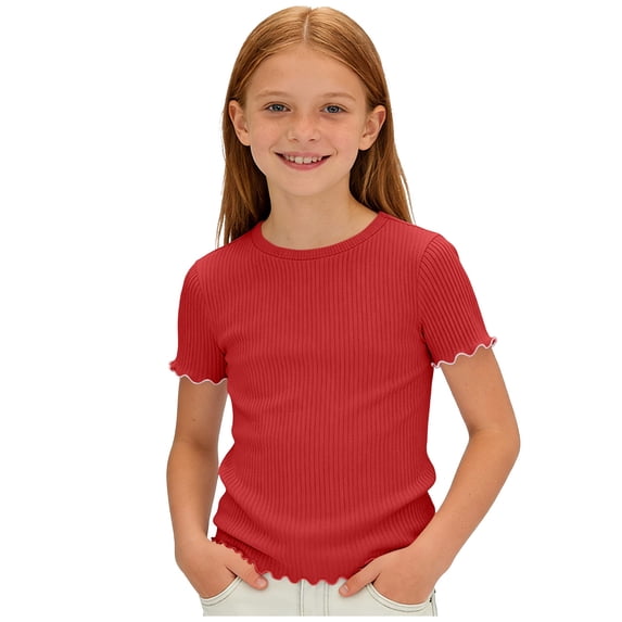 Yeglea Kids Scallop Ruffle Trim Ribbed Short Sleeve Top, Summer Solid Color Crew Neck Stretchy Fitted Casual Sweet T-Shirt Red,15-16 Years