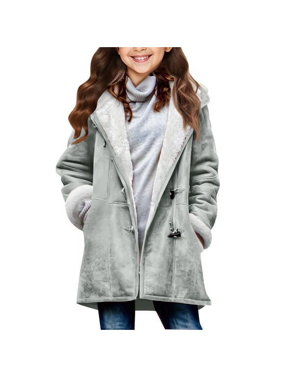 Kids Winter Suede Sherpa Coat Hooded Toggle Zip Fleece Lining Side Pockets Mid-length Warm for Boys Girls Daily Casual School Outdoor Wear Gray,10 Years