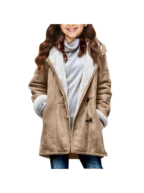 Kids Winter Suede Sherpa Coat Hooded Toggle Zip Fleece Lining Side Pockets Mid-length Warm for Boys Girls Daily Casual School Outdoor Wear Khaki,10 Years
