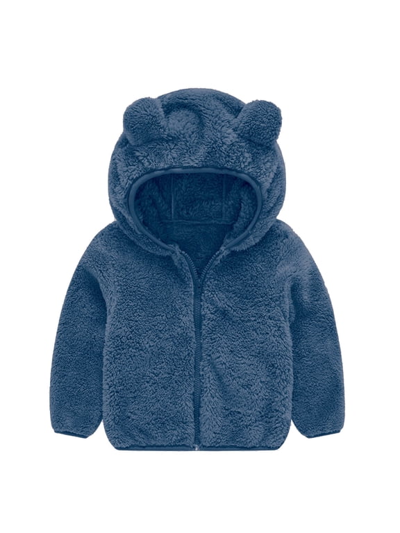 Toddler Fall Winter Sherpa Fleece Hooded Jacket Bear Ears Full Zip Long Sleeve Side Pockets Plush Teddy Outerwear for Baby Boys Girls Casual Daily Navy,90