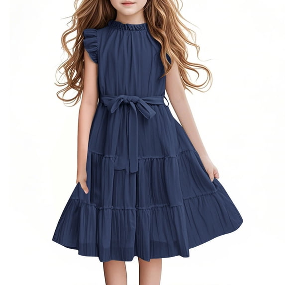 Yeglea Tween Girls Clothing Sleeveless Casual Ruffle Flowy Swing Tiered Dresses Navy,15 Years