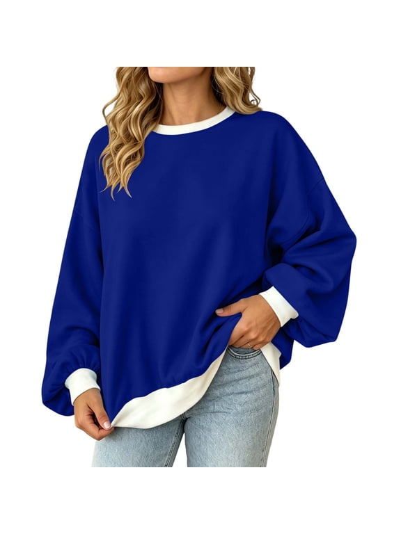Women's Contrast Ringer Sweatshirt Long Sleeve Balloon Sleeve Crew Neck No Pocket Pullover Relaxed Fit Curved Hem Side Slit Casual for Daily Casual Wear Blue,S