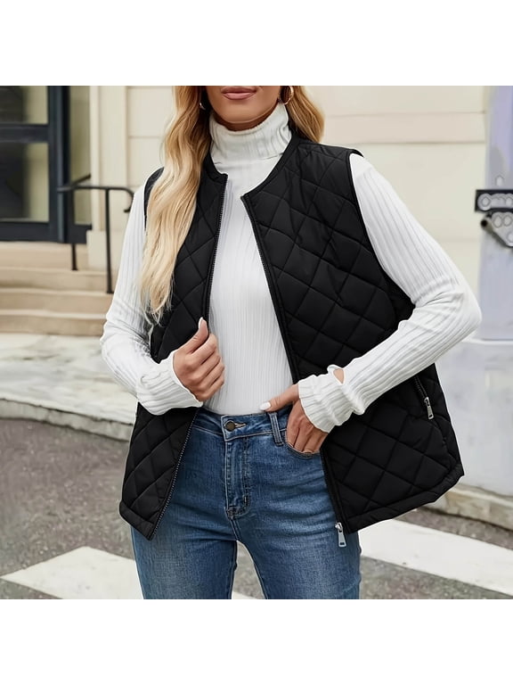 Women's Diamond Quilted Vest Full Zip Crew Neck Zipper Side Pockets Lightweight Padded Sleeveless Outerwear Vests for Work Layering Fall Winter Black,XXL