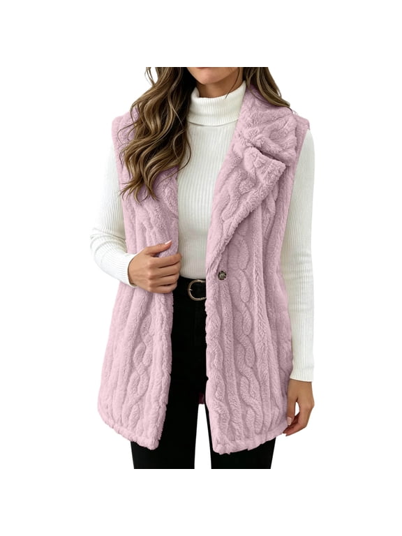 Women's Faux Fur Vest Single Button Shawl Collar Cable Knit Texture Mid-Length Plush Sleeveless Outerwear Vests for Casual Fall Winter Pink,S