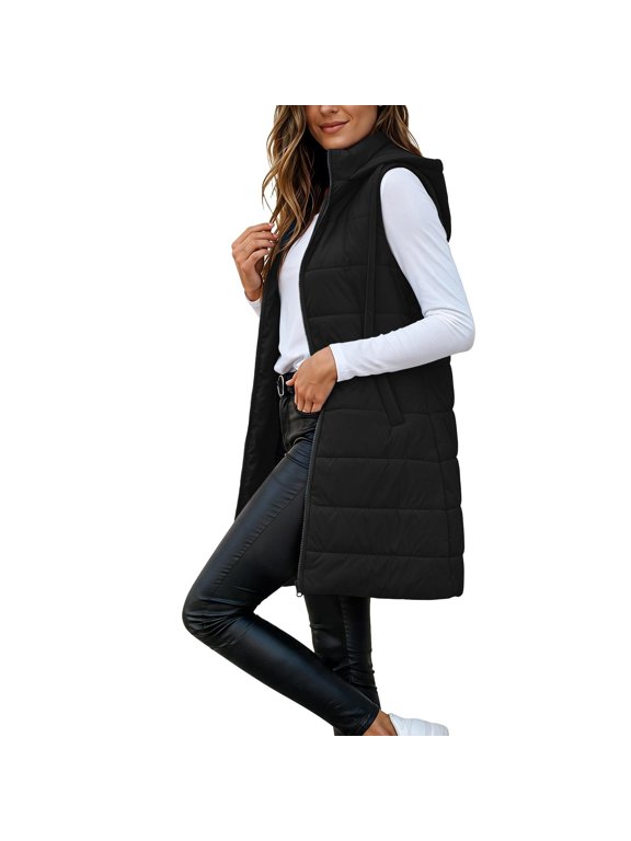 Women's Long Hooded Puffer Vest Full Zip Drawstring Hood Side Pockets Midi Length Quilted Sleeveless Outerwear Vests for Outdoor Winter Black,M