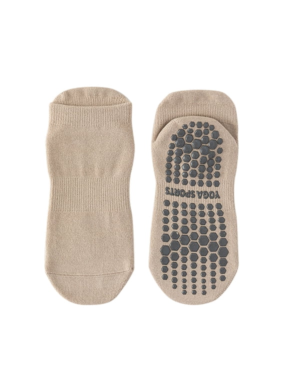 Women's Non Slip Yoga Socks, Cotton Breathable Short Pilates Socks with Grips, Anti-Skid Barefoot Socks for Studio, Home Workout, Casual Use Khaki,Free Size