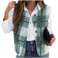 thumbnail image 1 of Yeglea Women's Plaid Vest Button Front V-Neck Curved Hem Side Pockets Sleeveless Outerwear Vests for Casual Daily Layering Fall Winter Green,XXXXXL, 1 of 5