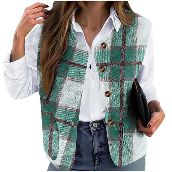 Yeglea Women's Plaid Vest Button Front V-Neck Curved Hem Side Pockets Sleeveless Outerwear Vests for Casual Daily Layering Fall Winter Green,XXXXXL