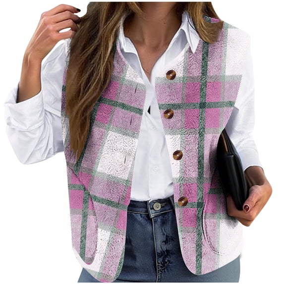 Yeglea Women's Plaid Vest Button Front V-Neck Curved Hem Side Pockets Sleeveless Outerwear Vests for Casual Daily Layering Fall Winter Pink,S