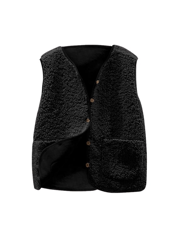 Women's Sherpa Vest Single Breasted Button V-Neck Patch Pockets Bonded Fleece Lining Mid-Length Sleeveless Outerwear Vests for Fall Winter Black,L