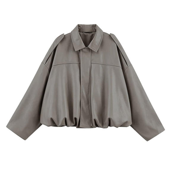 Yeglea Womens Fall Oversized Faux Leather Utility Jacket Point Collar Shoulder Epaulets Batwing Long Sleeve Gathered Balloon Hem Hidden Zip Cropped for Casual Streetwear Dark Gray,M