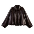 thumbnail image 1 of Yeglea Womens Fall Oversized Faux Leather Utility Jacket Point Collar Shoulder Epaulets Batwing Long Sleeve Gathered Balloon Hem Hidden Zip Cropped for Casual Streetwear Coffee,L, 1 of 6