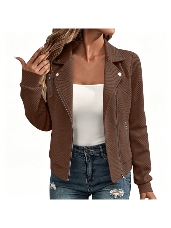 Womens Fall Quilted Moto Jacket Asymmetric Zip Front Lapel Collar Snap Buttons Long Sleeve Ribbed Cuffs Zipper Pockets Chevron Texture Slim for Casual Daily Streetwear Brown,XXL