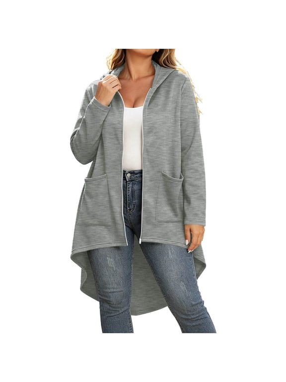 Womens Fall Winter Hooded Fleece Jacket Full Zip Attached Hood Long Sleeve High-Low Asymmetric Hem Large Patch Pockets Soft Warm Relaxed for Casual Daily Outdoor Gray,M