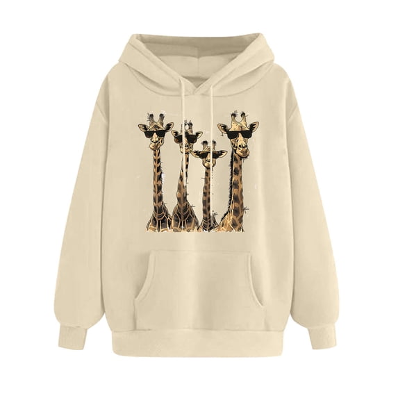 Yeglea Womens Giraffe Print Hoodie Long Sleeve Kangaroo Pocket Drawstring Pullover Sweatshirt for Daily Casual Wear Beige,M