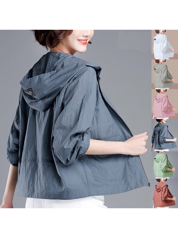 Womens Spring Summer Lightweight Hooded Sun Jacket Open Front Long Roll Up Sleeve Crinkled Fabric Side Pockets Outerwear for Casual Outdoor Travel Dark Gray,L