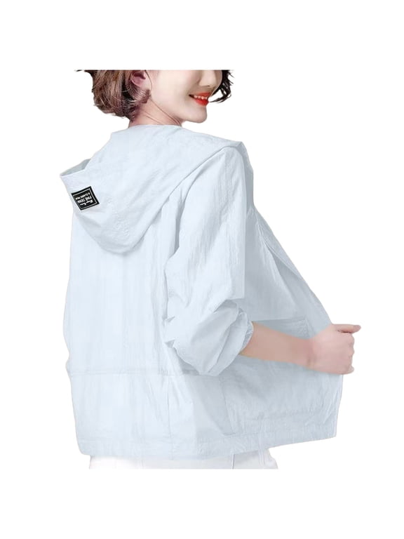 Womens Spring Summer Lightweight Hooded Sun Jacket Open Front Long Roll Up Sleeve Crinkled Fabric Side Pockets Outerwear for Casual Outdoor Travel White,XXL
