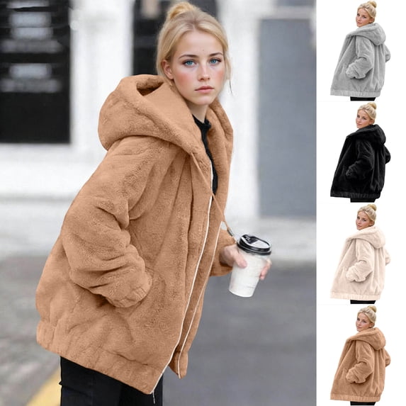 Yeglea Womens Winter Fuzzy Faux Fur Teddy Hooded Jacket Full Zip Plush Sherpa Outerwear with Side Pockets Drawstring Hood Ribbed Hem for Casual Streetwear Beige,L