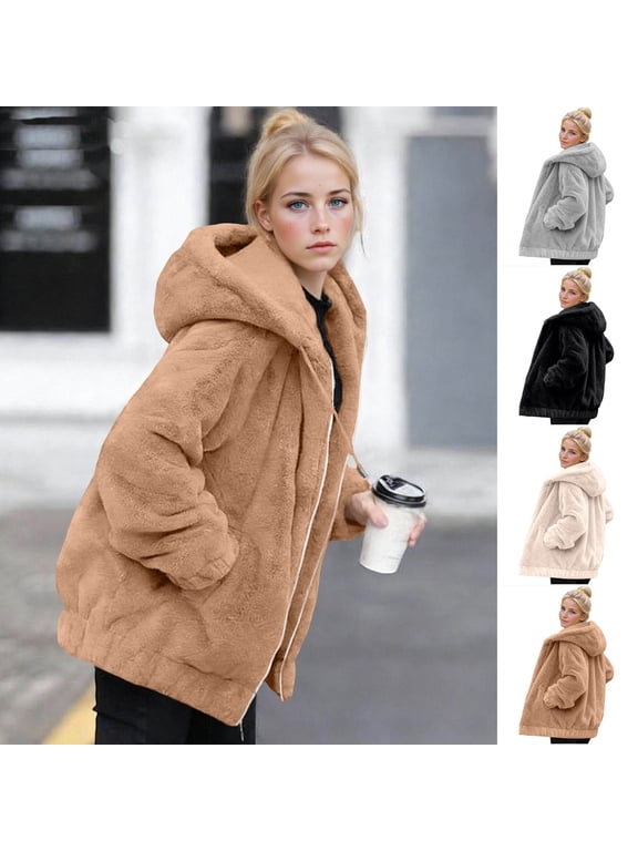 Womens Winter Fuzzy Faux Fur Teddy Hooded Jacket Full Zip Plush Sherpa Outerwear with Side Pockets Drawstring Hood Ribbed Hem for Casual Streetwear Beige,L