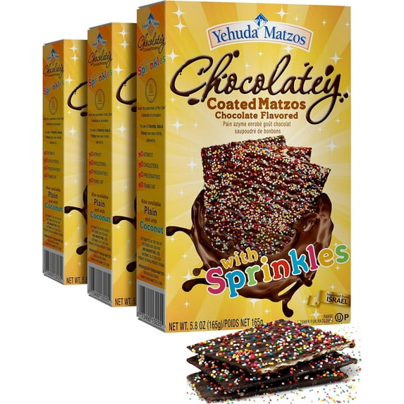Yehuda Chocolate Covered Matzo with Colored Sprinkles, (3 Pack) Fun Matzo, Great for Kids!
