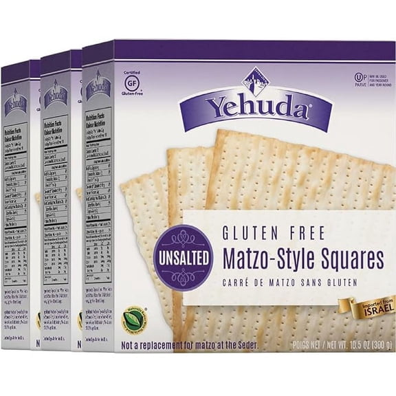 Yehuda Gluten Free Unsalted Matzo Squares, 10.5oz (3 Pack) Thin, Crisp & Airy Matzo Style Gluten Free Unsalted Crackers | Kosher (Including Passover)