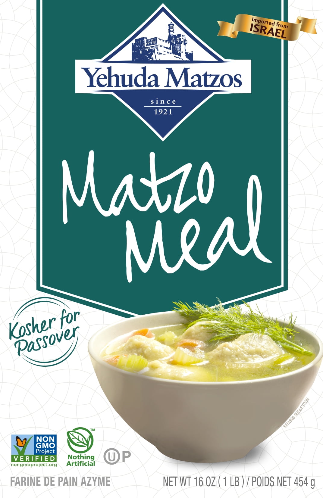 Yehuda Matzo Meal, is a finely ground pale-colored Passover flour made from ground matzo. Yehuda matzo meal can be used in a variety of dishes including matzo balls or as a coating on meats and fish.