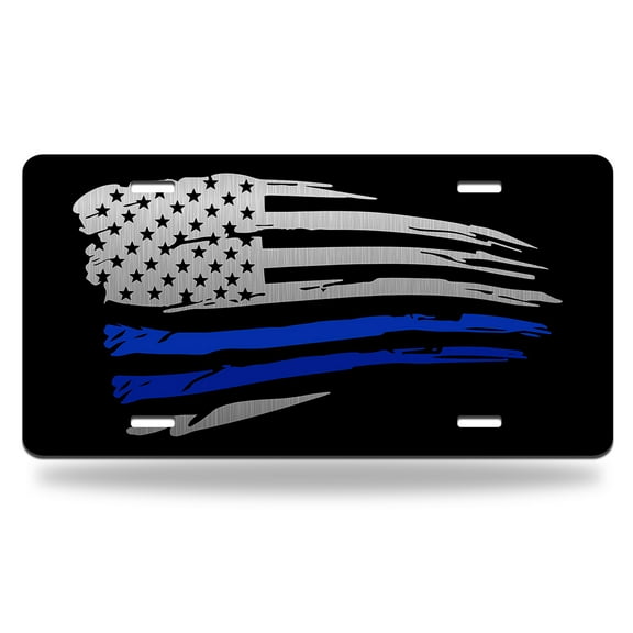 Yehwow American Flag Thin Blue Line Metal Car Plate Aluminum License Plate