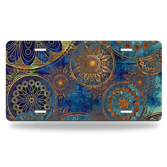 Yehwow Art Grunge Stylized with Circles Floral Ornament Metal Car Plate Decorative Aluminum License Plate Tag Sign