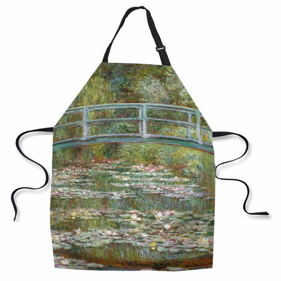 Yehwow Art Print Painting Monet Footbridge Bib Apron For Kitchen BBQ Gardening With Adjustable Neck Strap 27x31 Inch