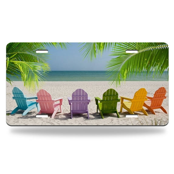 Yehwow Beach Chairs Tropical Beach Scene Metal Car Plate Decorative Aluminum License Plate Tag Sign