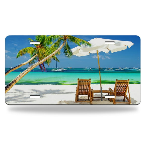 Yehwow Beach Scene With Sea Palm Tree Metal Car Plate Aluminum License Plate