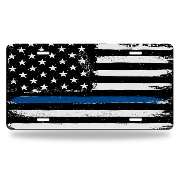 Yehwow Black Flag with Blue Line Metal Car Plate Decorative Aluminum License Plate Tag Sign