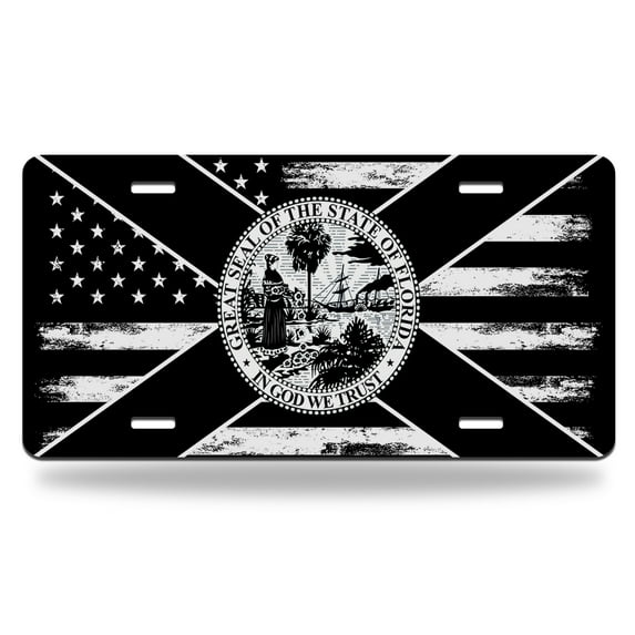 Yehwow Black State of Florida Flag with USA Flag Metal Car Plate Aluminum License Plate