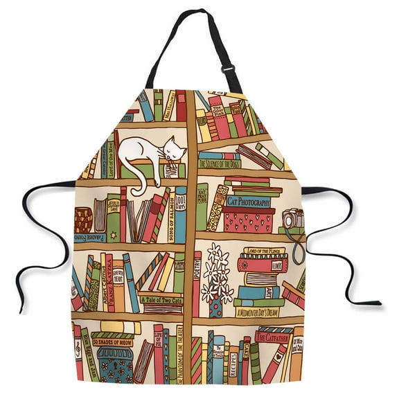 Yehwow Cartoon Bookshelf with Sleeping Cat Bib Apron For Kitchen BBQ Gardening With Adjustable Neck Strap 27x31 Inch