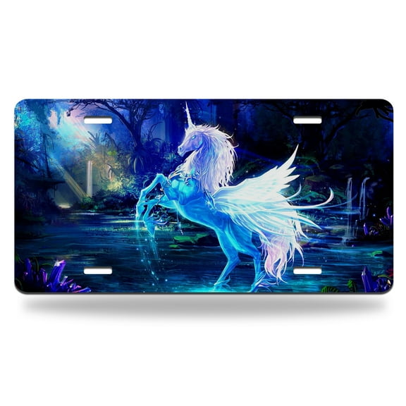 Yehwow Cool Unicorn Pegasus On The River Night Blue Metal Car Plate Decorative Aluminum License Plate Tag Sign