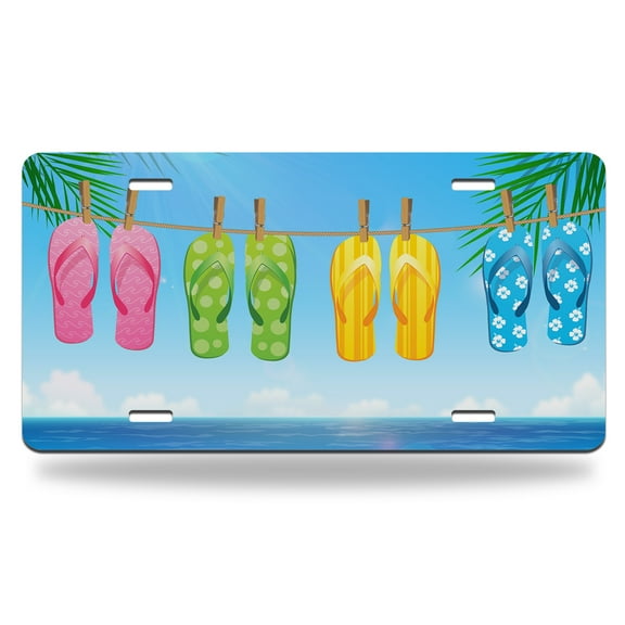 Yehwow Flip Flops on The Beach Metal Car Plate Decorative Aluminum License Plate Tag Sign