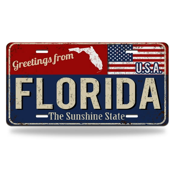 Yehwow Greetings from Florida Vintage Rusty Metal Sign with American Flag Metal Car Plate Decorative Aluminum License Plate Tag Sign