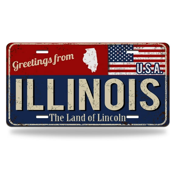 Yehwow Greetings from Illinois Rusty Metal American Flag Metal Car Plate Decorative Aluminum License Plate Tag Sign