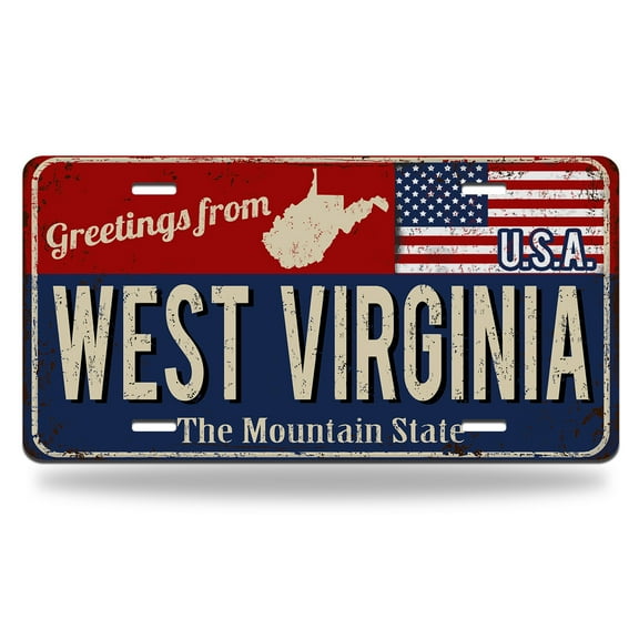 Yehwow Greetings from West Virginia Vintage American Flag Metal Car Plate Decorative Aluminum License Plate Tag Sign